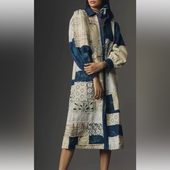 Anthropologie Let Me Be Denim Patchwork Shirt Dress Coat Distress Crochet Button